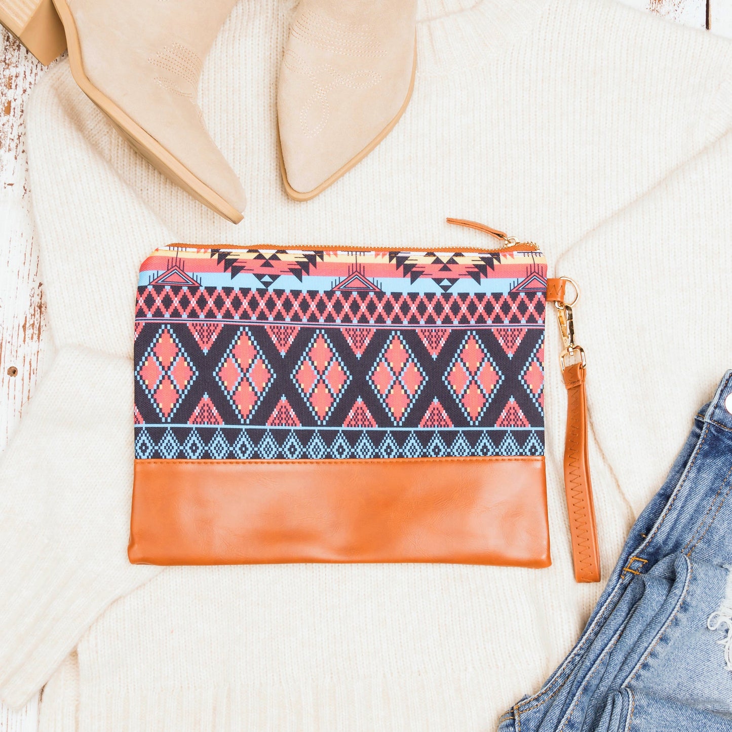 Cartera de mano estilo bohemio azteca