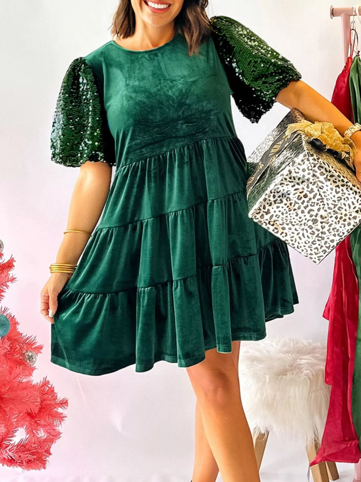 Sequin Puff Sleeve High Waist Tiered Velvet Mini Dress