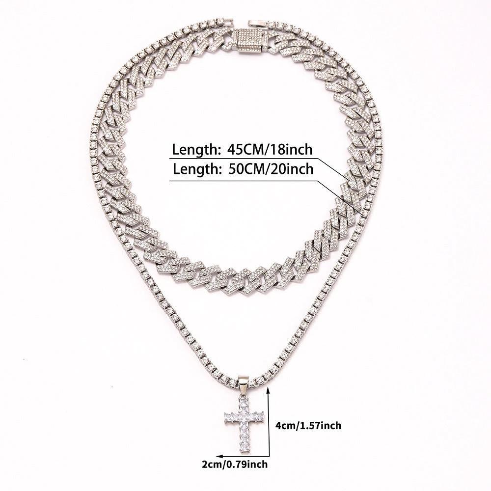 Men's Zircon Cross Pendant Cuban Chain Iced Out Paved Rhinestones Bling Necklaces
