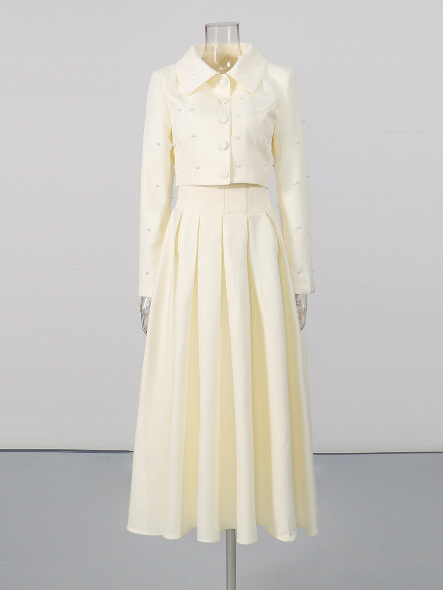 Pearl Embellished Cropped Jacket & Pleated Midi Skirt Two-Piece Set