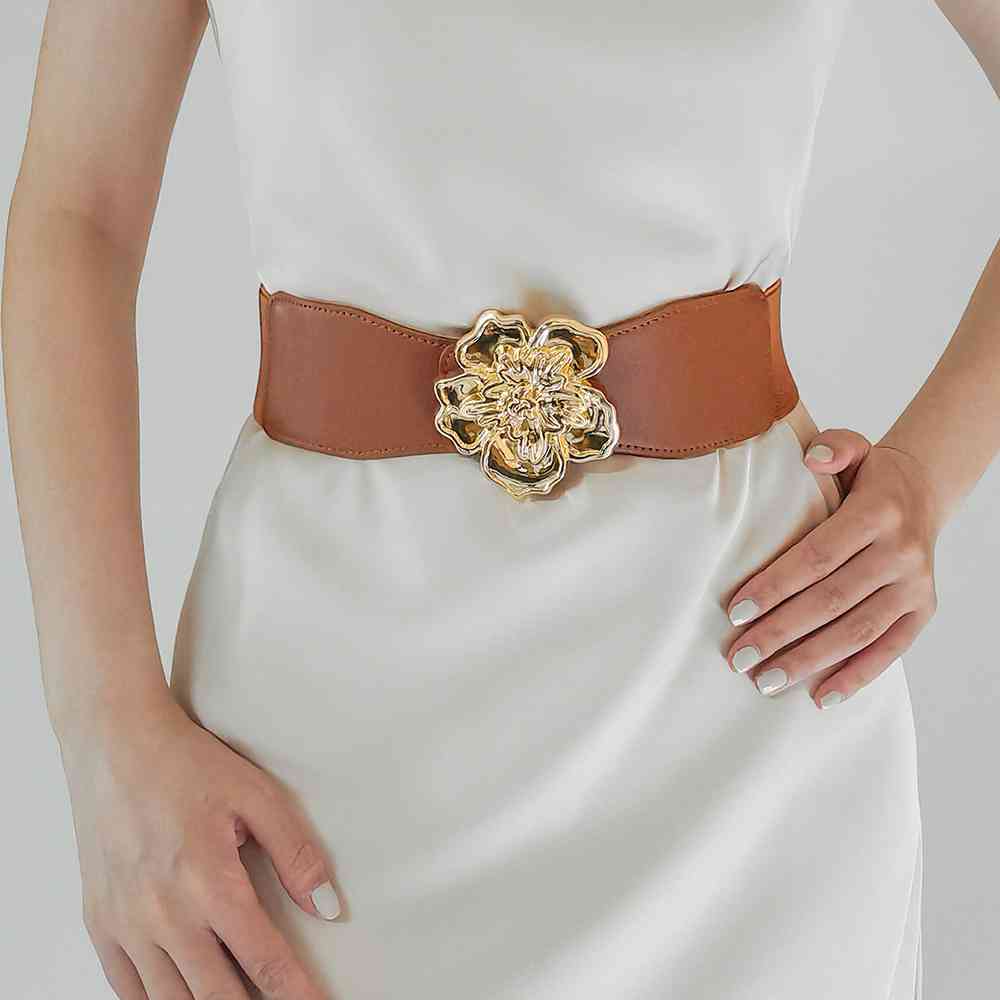 Flower Elegance Alloy Buckle Elastic Belt – Stylish Floral Design See size chart under “more details”