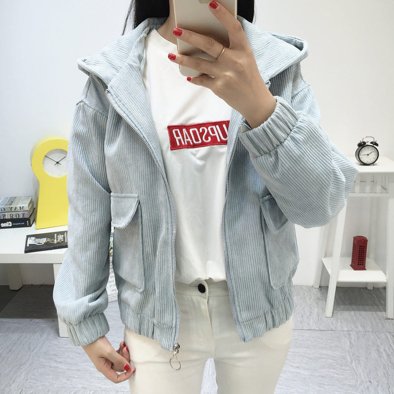 New Korean-style Hooded Corduroy Jacket, Short & Thick