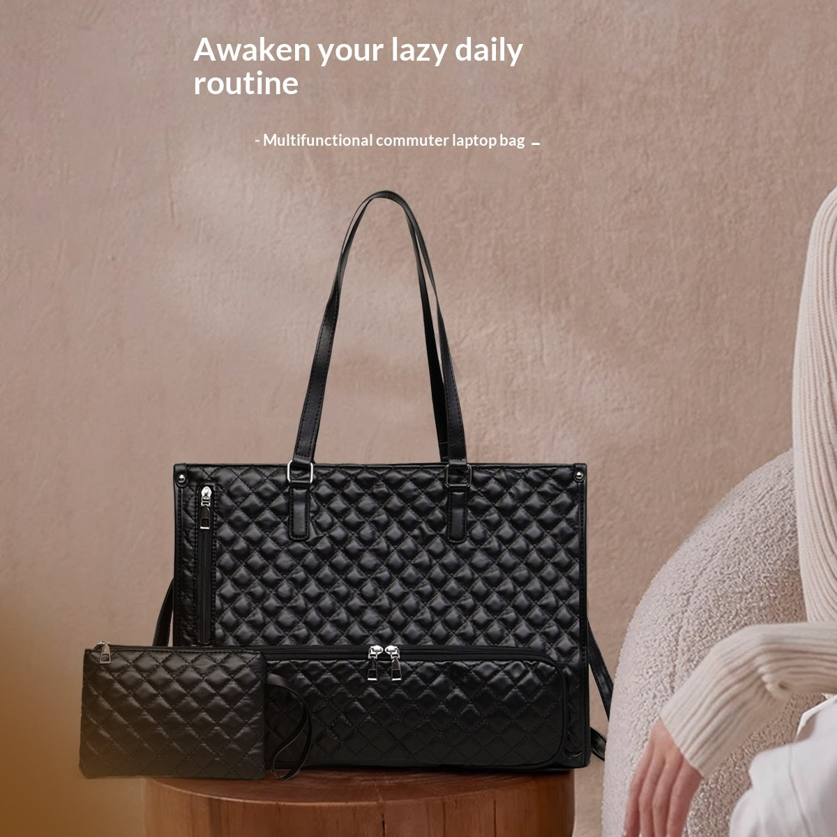 Unisex 2-in-1 Quilted Commuter Tote and Lunch Bag Handbag