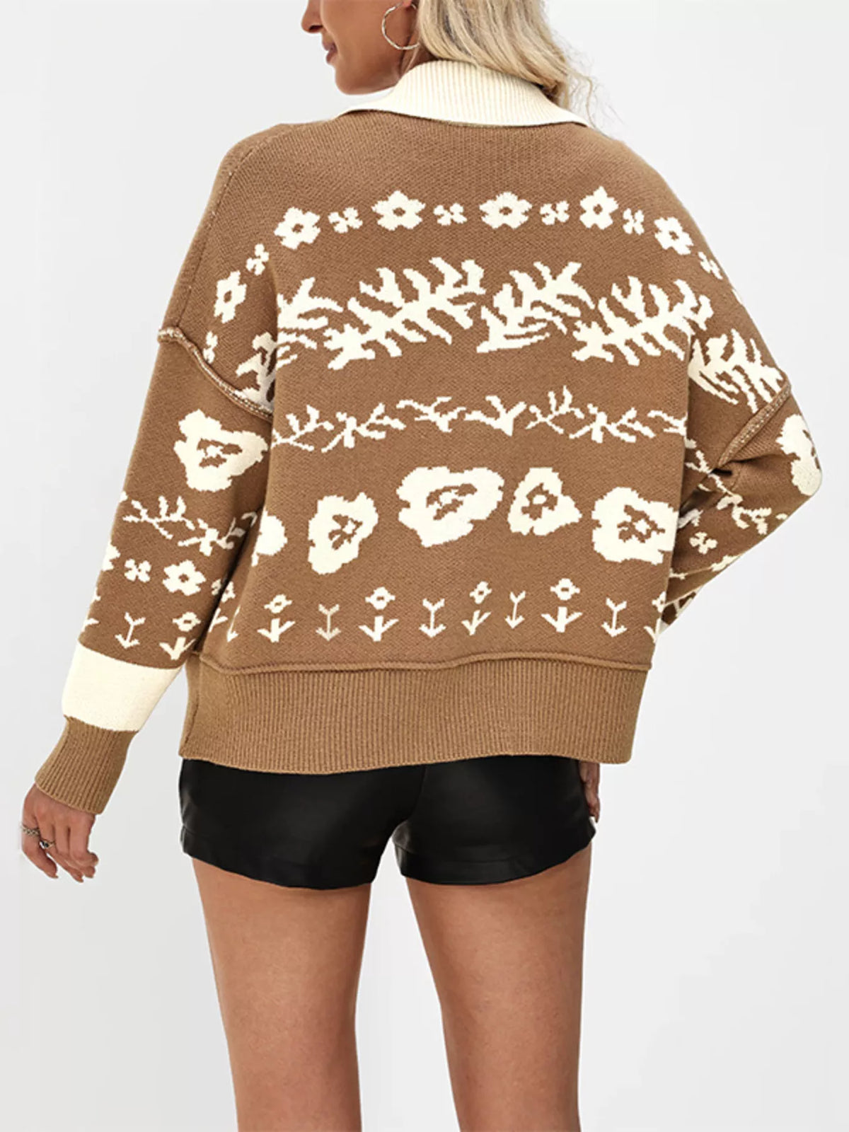 Floral Pattern Knit Cardigan with Contrast Collar