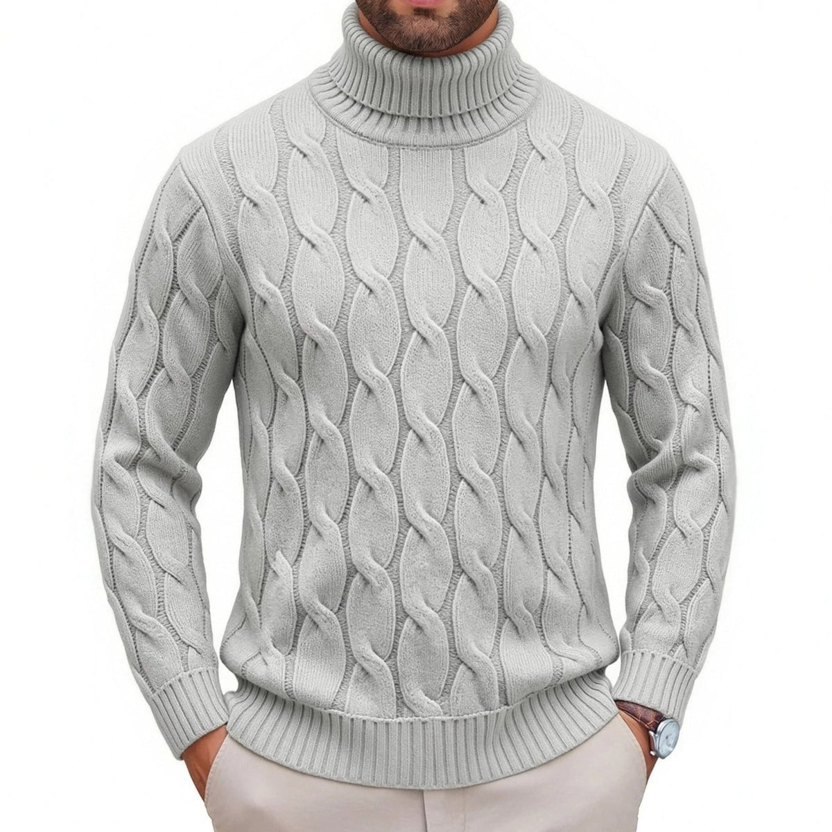Men's Fashionable Turtleneck Sweater With Knotted Floral Design Loose Fit