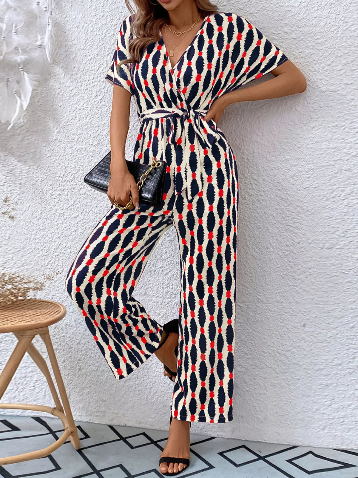 Printed Surplice Tie Waist Short Sleeve Jumpsuit