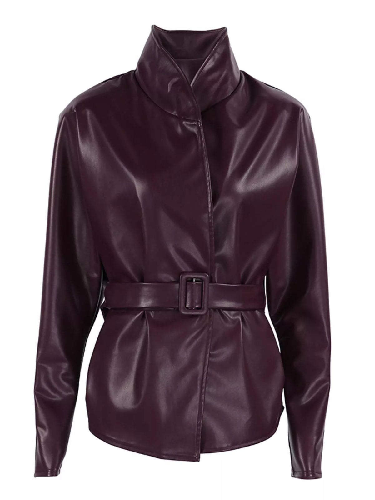 Stand Collar Belted Faux Leather Jacket