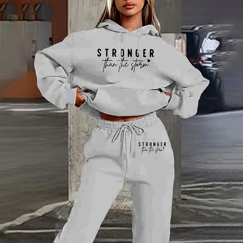 Conjunto Sólido de 2 Piezas para Mujer, Sudadera con Capucha y Bolsillo con Estampado de Letras