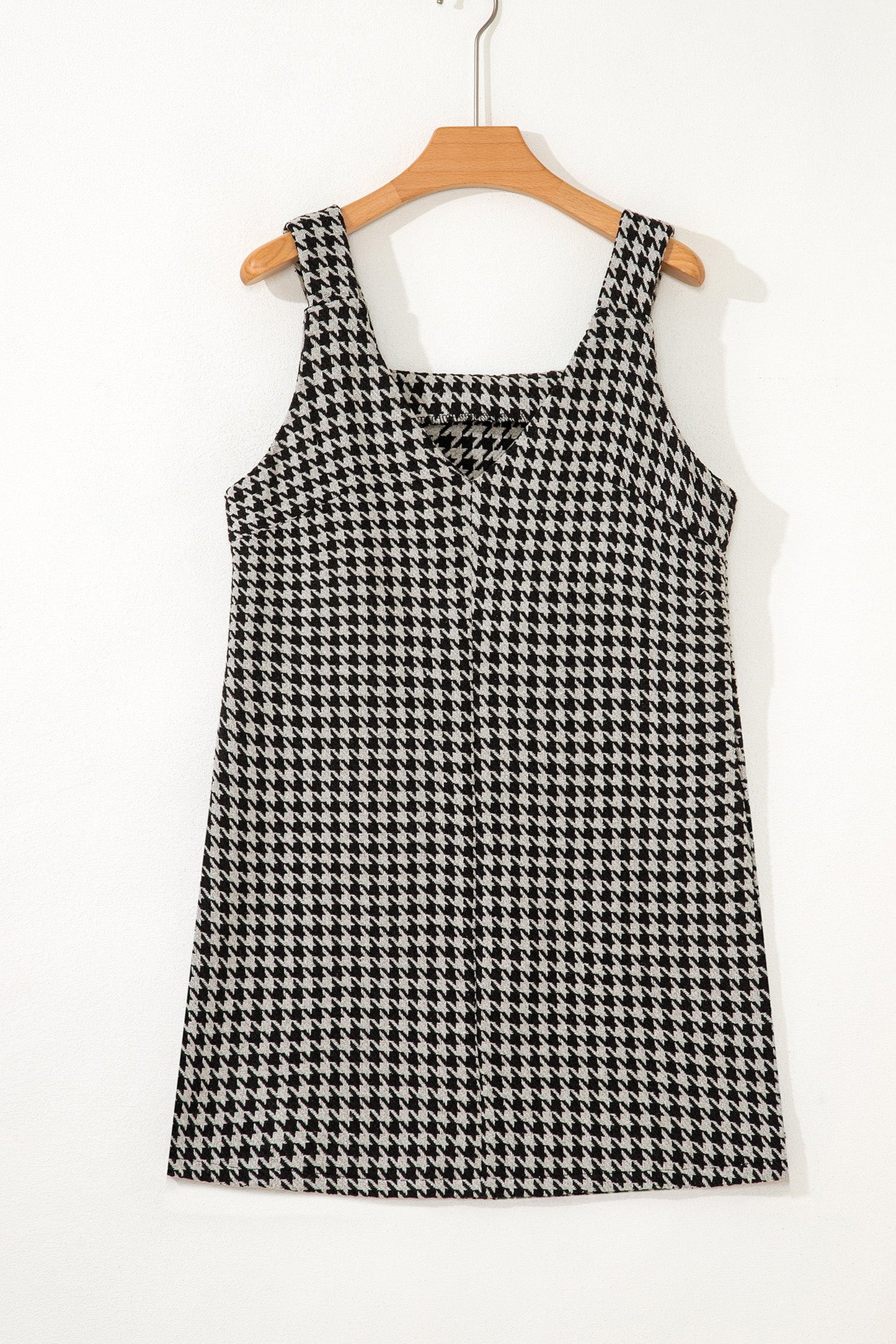 Minivestido sin mangas con cuello de pico y estampado de pata de gallo caqui
