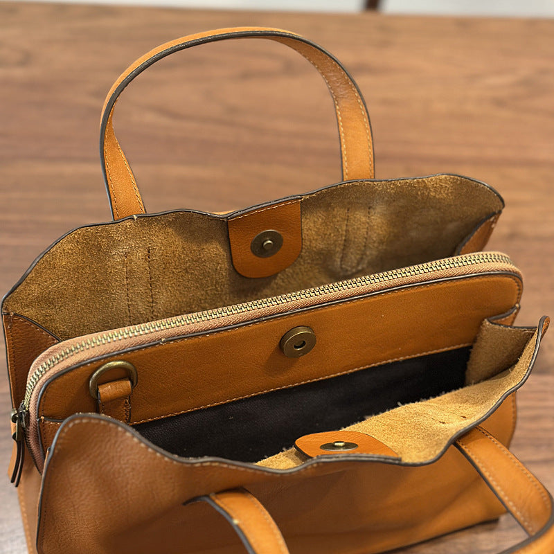 Womens Casual All-Match Tote Bag Made From Full-Grain Cowhide Leather
