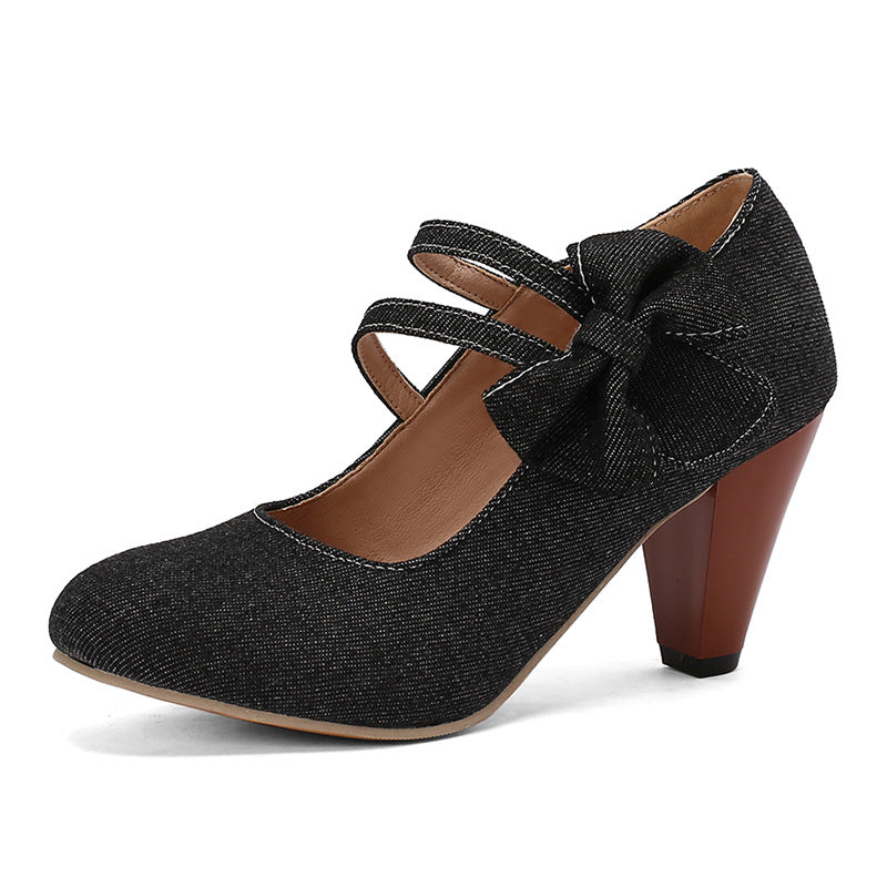 Round Toe High Heels Denim Bow See size chart under “more details”