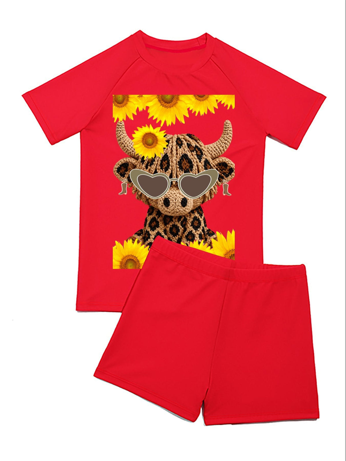 Yarn Highland Cow with Sunflowers Short Sleeved 2-piece Swim Set for Children