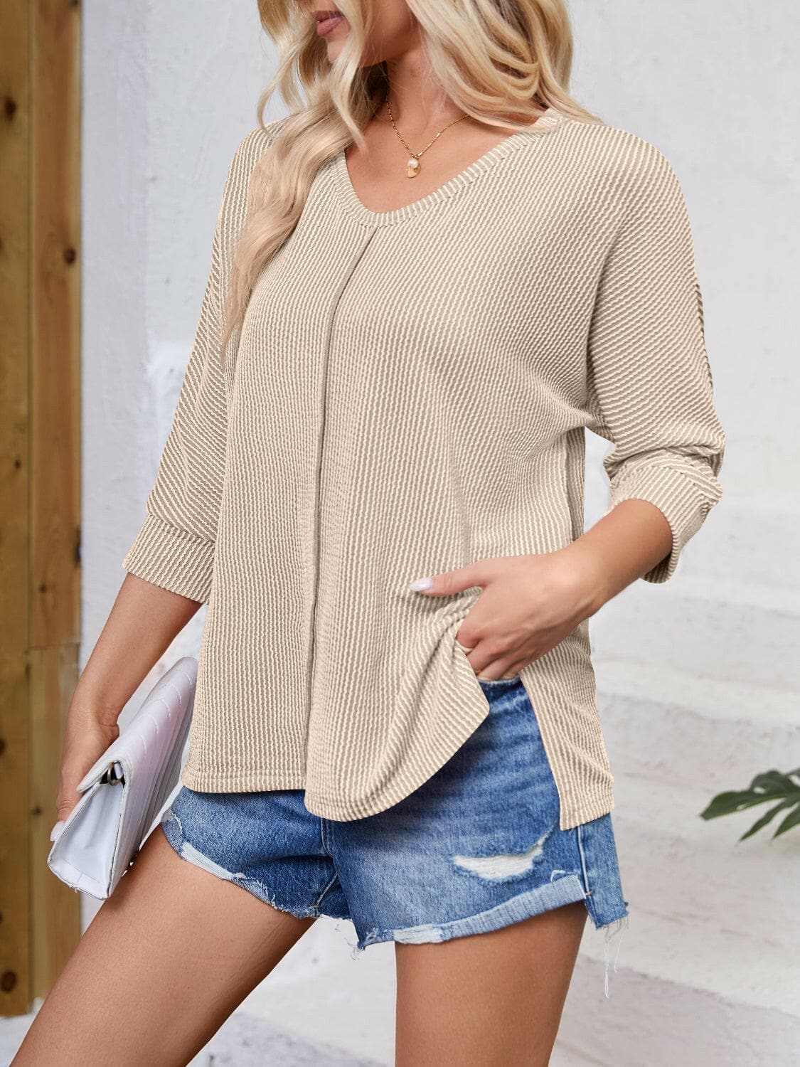 T-Shirts Trendsi just arrived - Textured 3/4 sleeve blouse