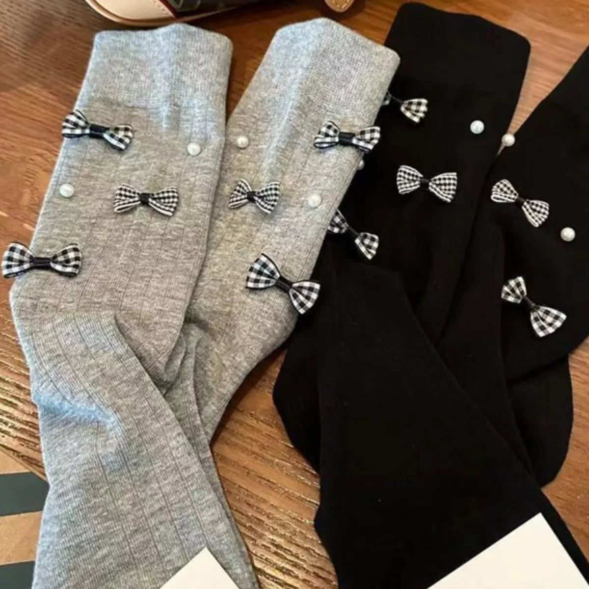 Pearl Detail Bow Crew Socks