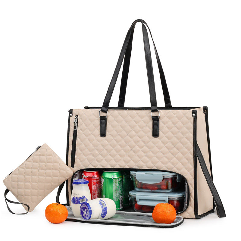 Unisex 2-in-1 Quilted Commuter Tote and Lunch Bag Handbag