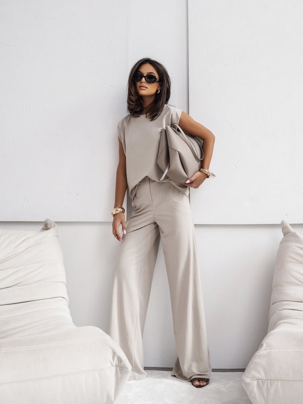 Women's 2 Piece Casual Set Short Sleeve T-Shirt Vest Loose Wide Leg Pants Seasonal Comfort