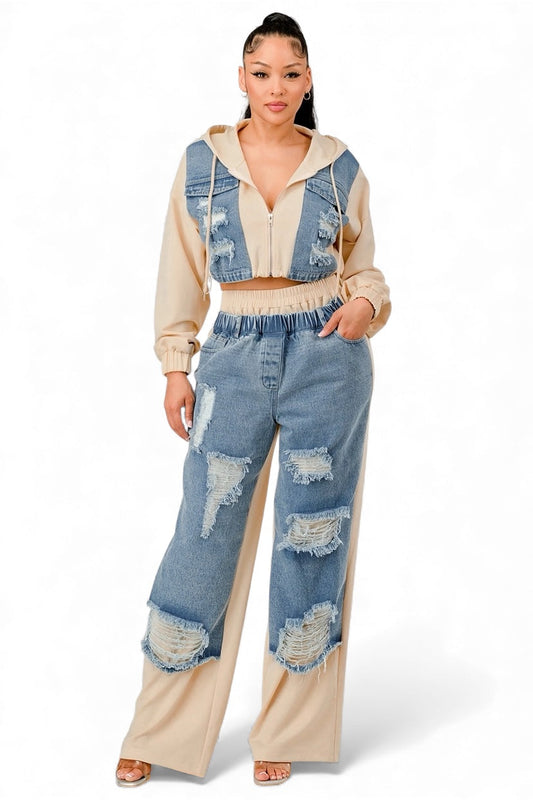 Conjunto de Sudadera con Capucha y Pantalones Anchos de Mezclilla con Retazos
