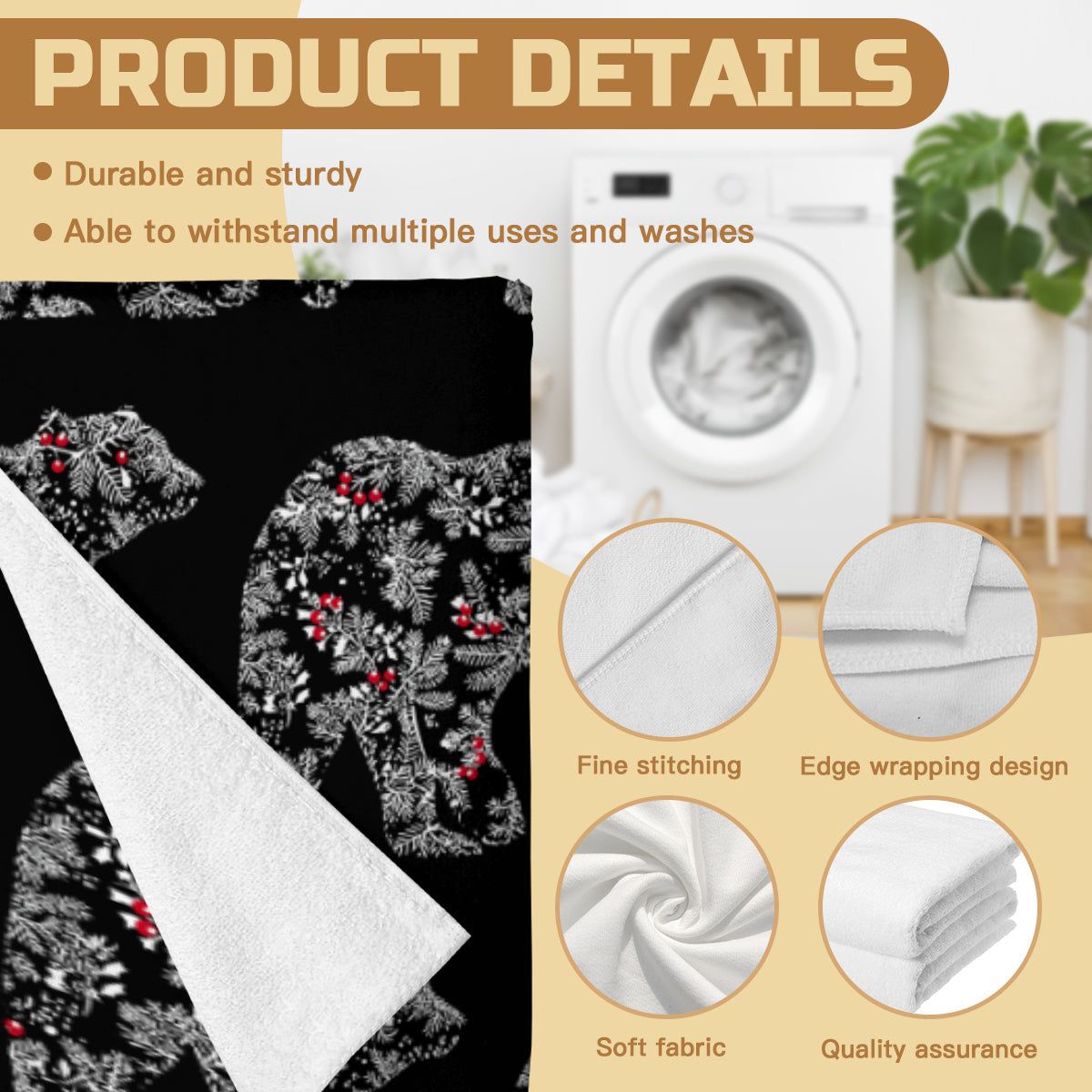 Merry Christmas Chinoiserie Polar Bear Black Bath Towel (Made in USA)