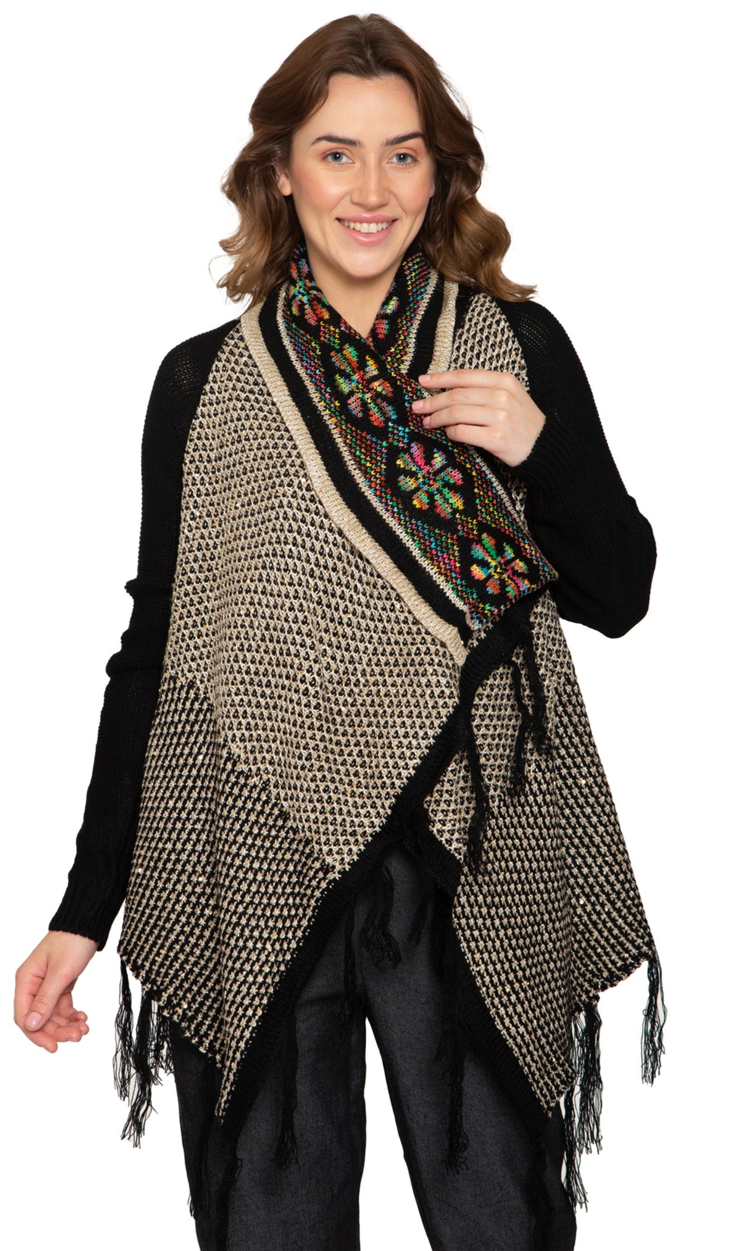 Cárdigan largo abierto de jacquard con flecos para mujer