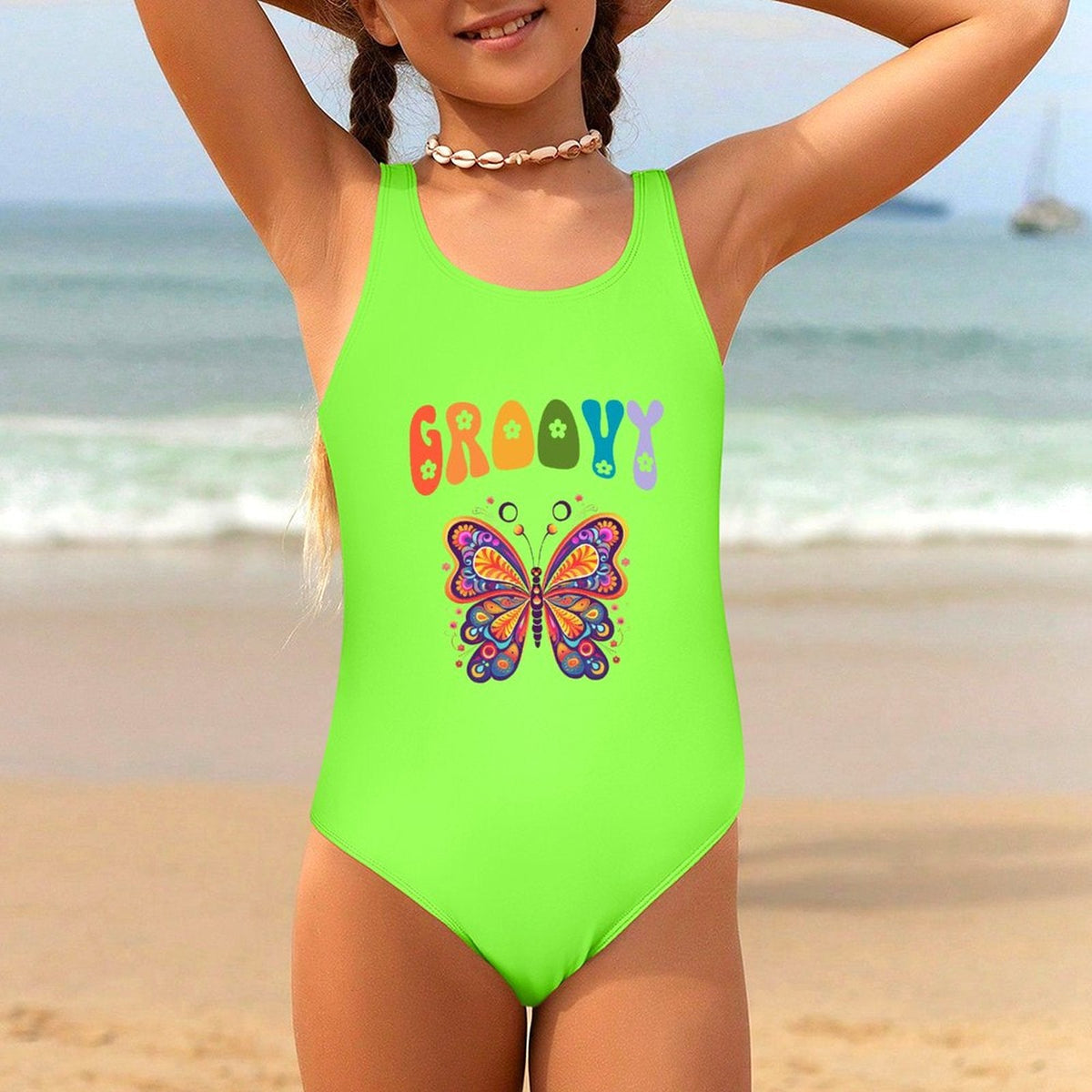 Groovy Butterfly Girls' Summer One-Piece Swimsuit (Front Printing)