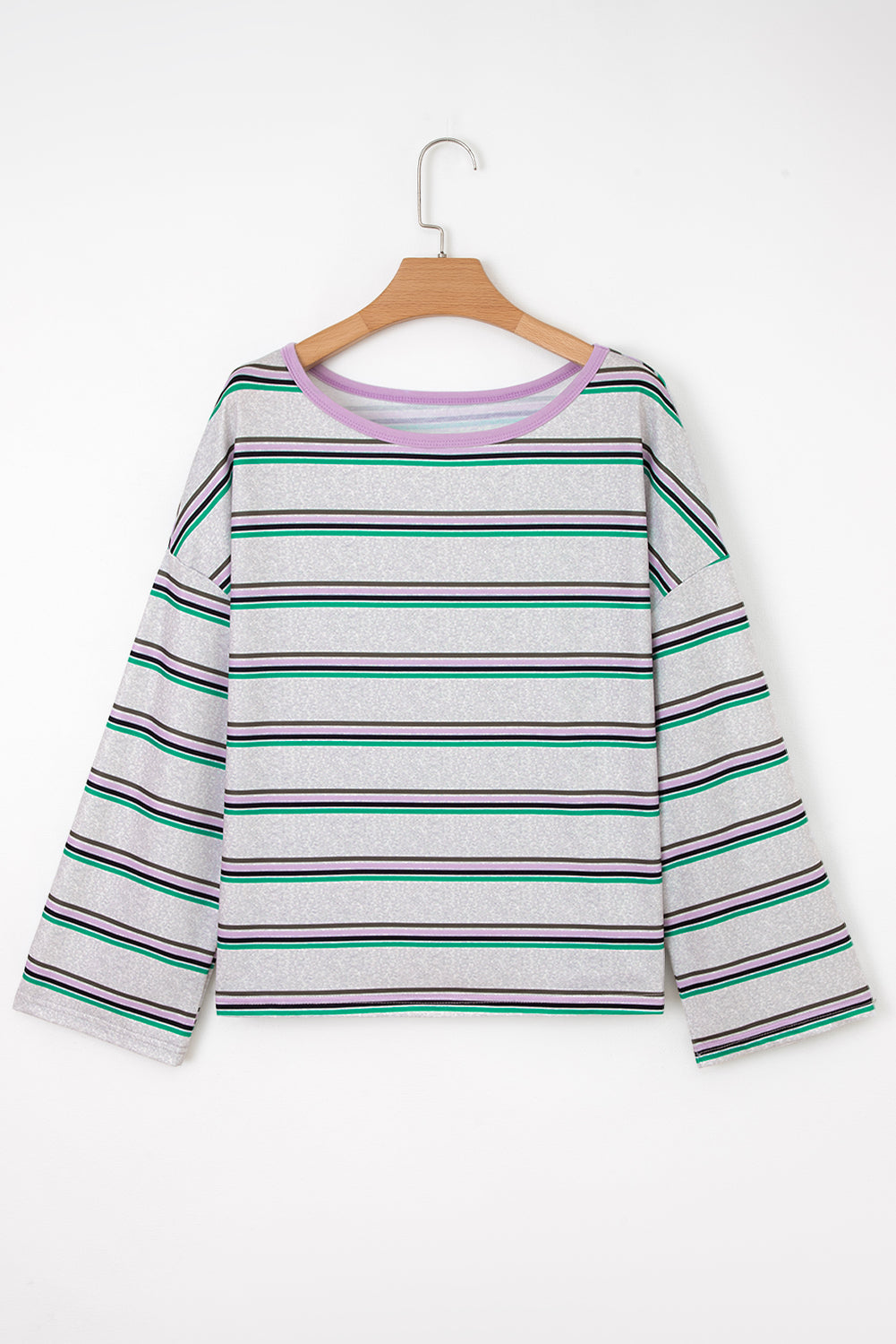 Top informal de manga larga con hombros caídos y rayas moradas de talla grande