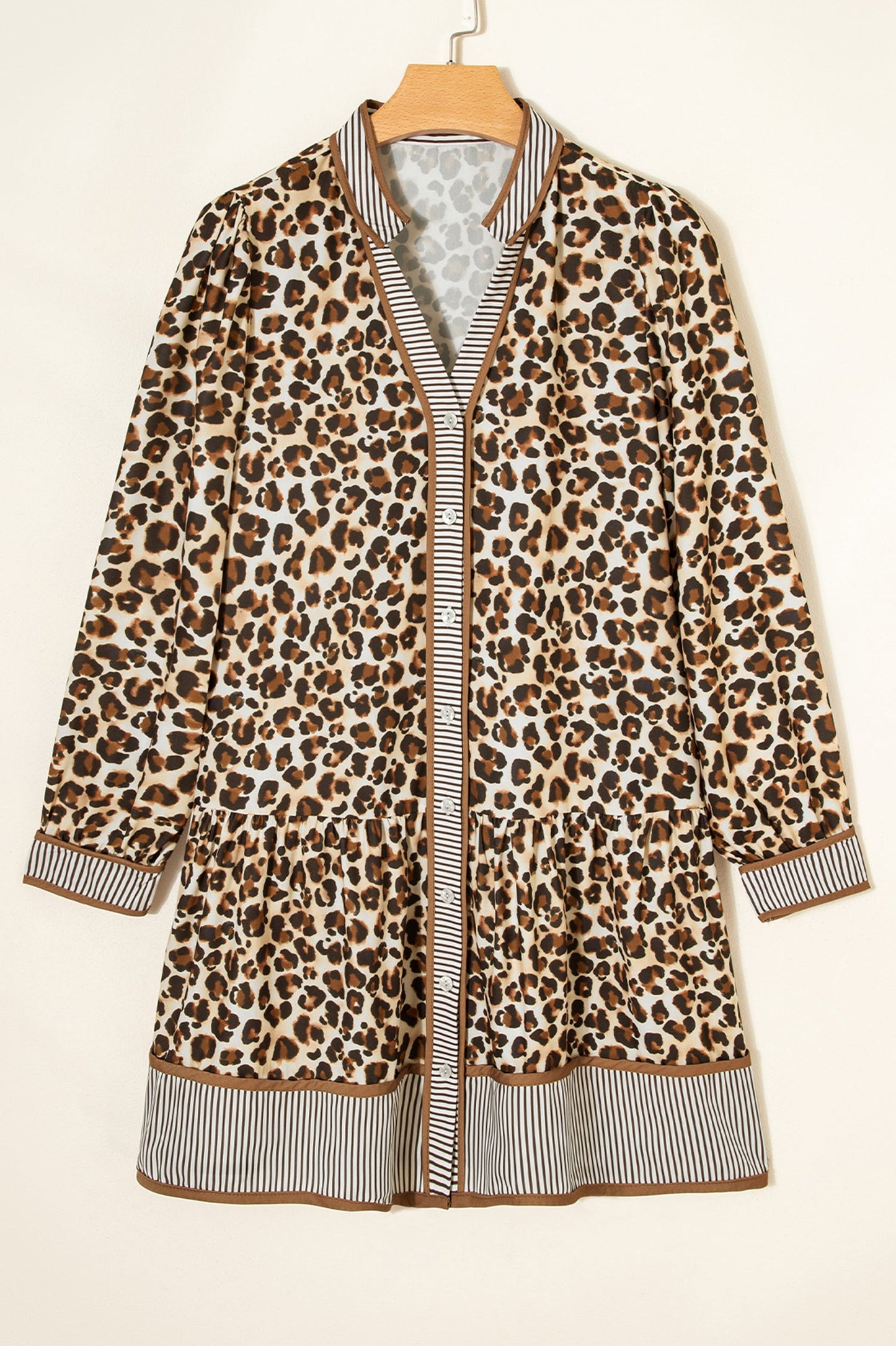 Minivestido suelto de manga 3/4 con estampado de leopardo marrón a rayas y retazos