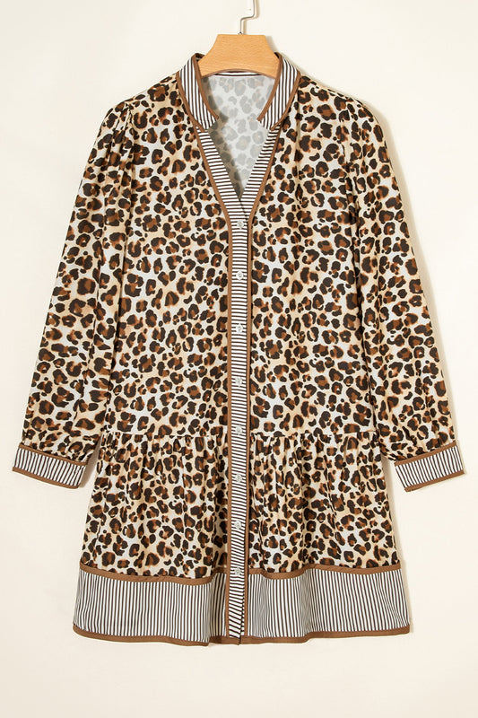 Minivestido suelto de manga 3/4 con estampado de leopardo marrón a rayas y retazos