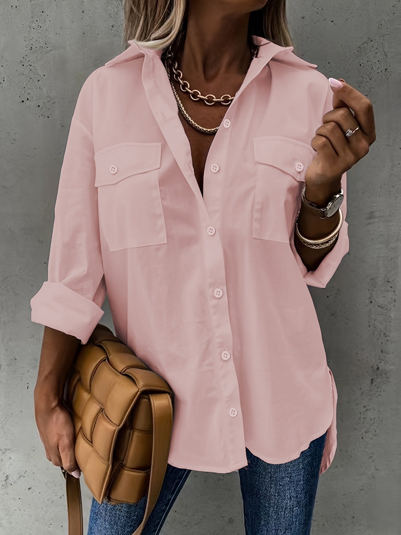 Camisa de manga larga informal para mujer con bolsillo