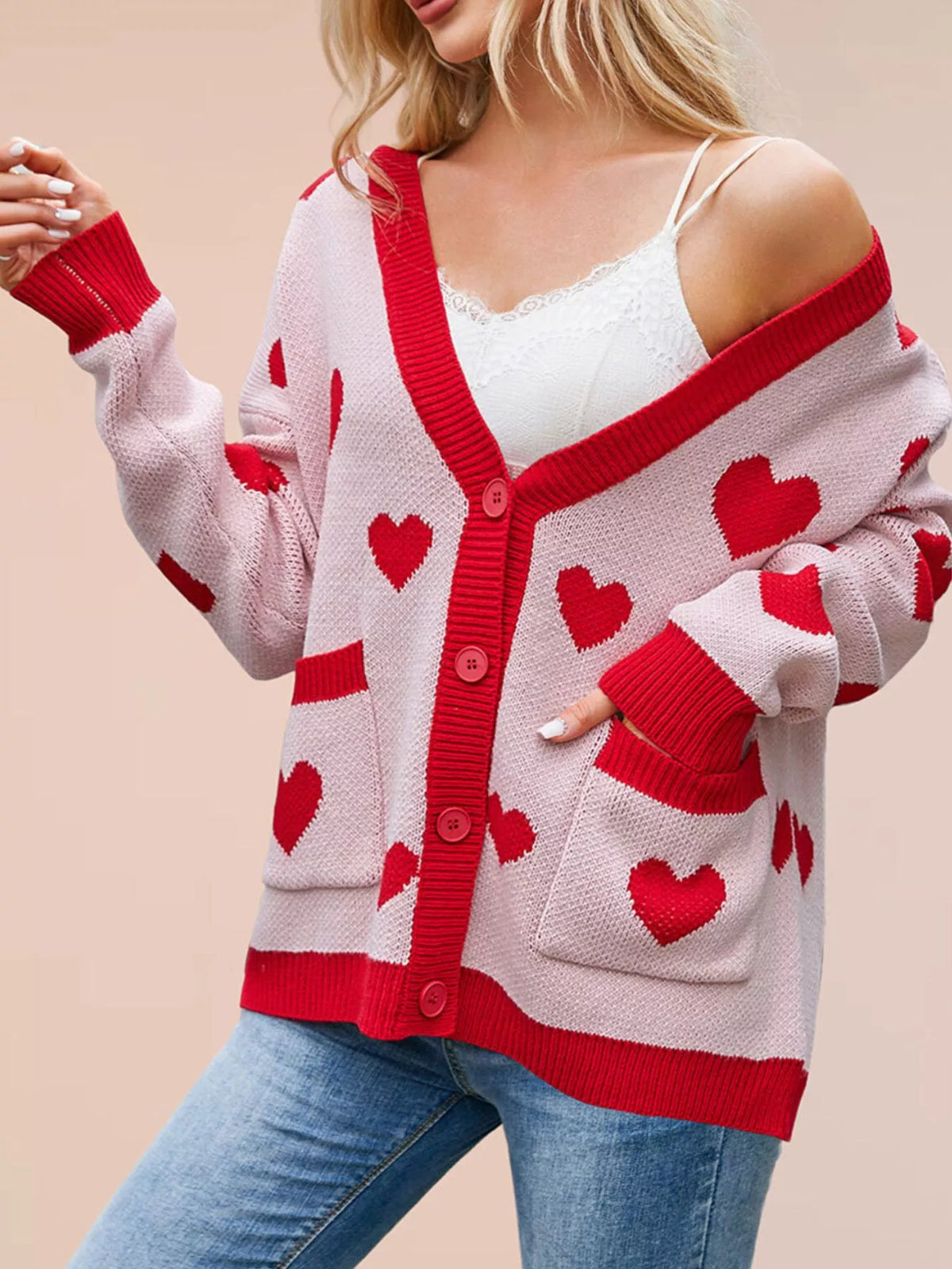 Heart Pattern V-Neck Button-Down Knit Cardigan