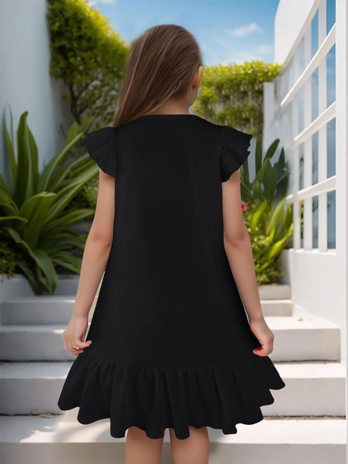 Mermaid at Heart Flutter Sleeve Short Black Dress for Girls (Front Printing)