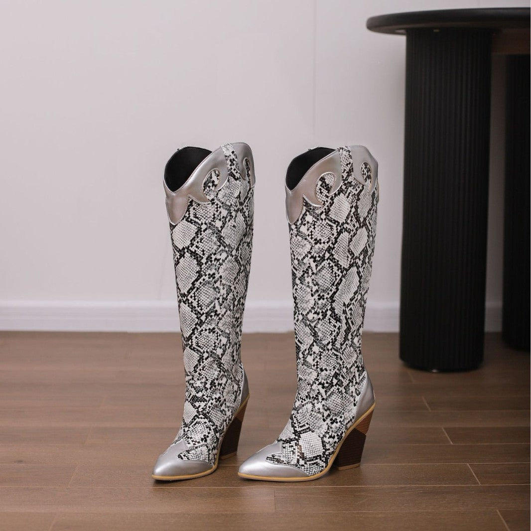 Fashionable Patchwork Leather Knee-high Boots