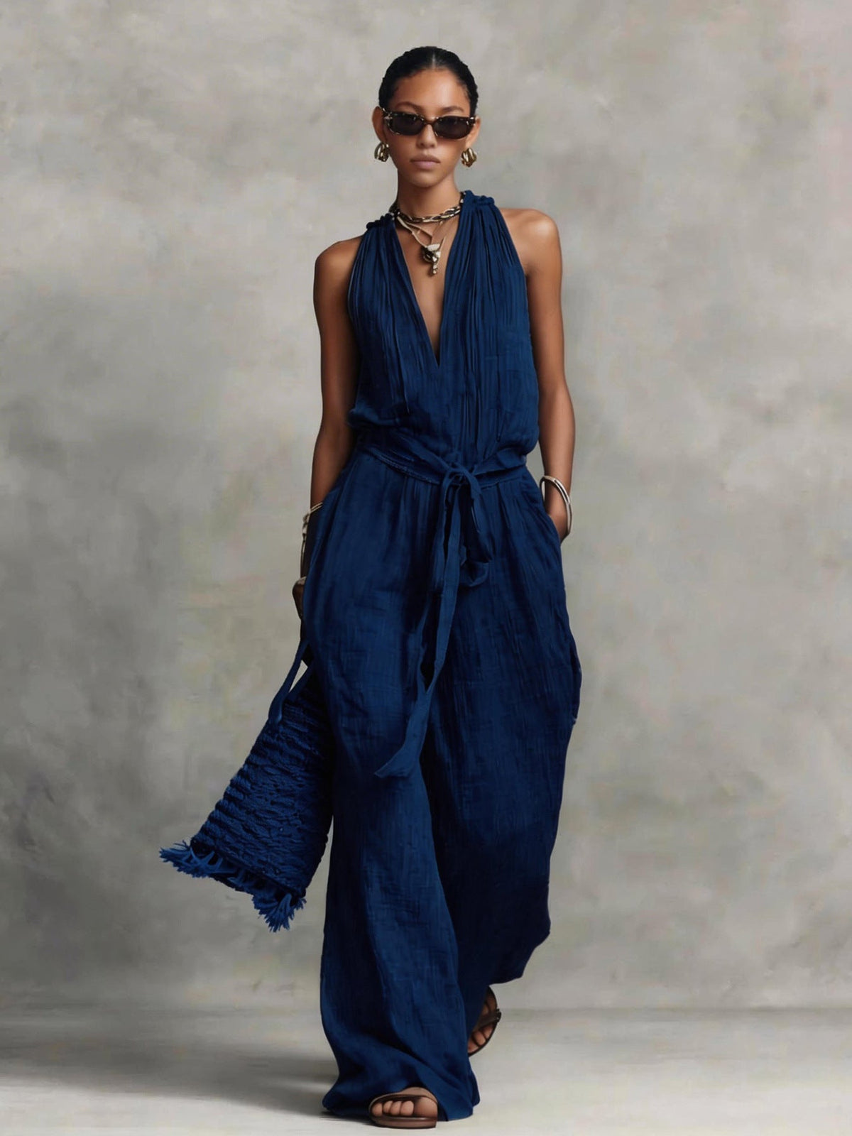 Women's Casual Belted Sleeveless Cotton-blend Jumpsuit