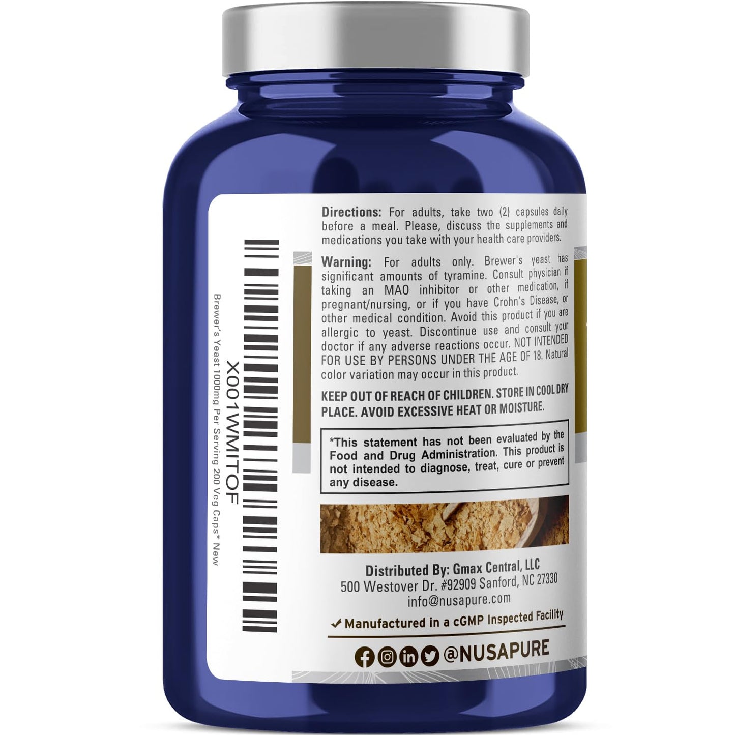 NusaPure Brewer’s Yeast - Suitable for Vegetarian/Vegan, Non - GMO - 1000mg 200 Capsules
