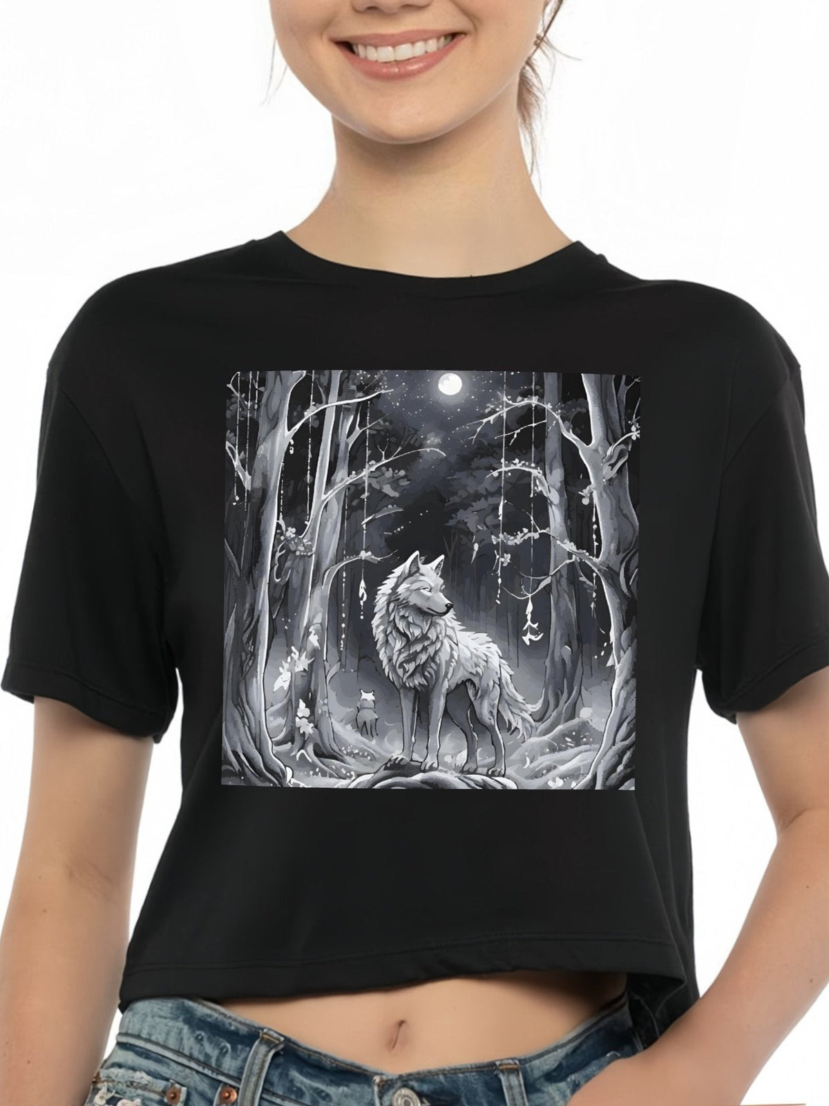 Ethereal Wolf in the Moonlight Cotton Crop Top for Women (Front Printing)