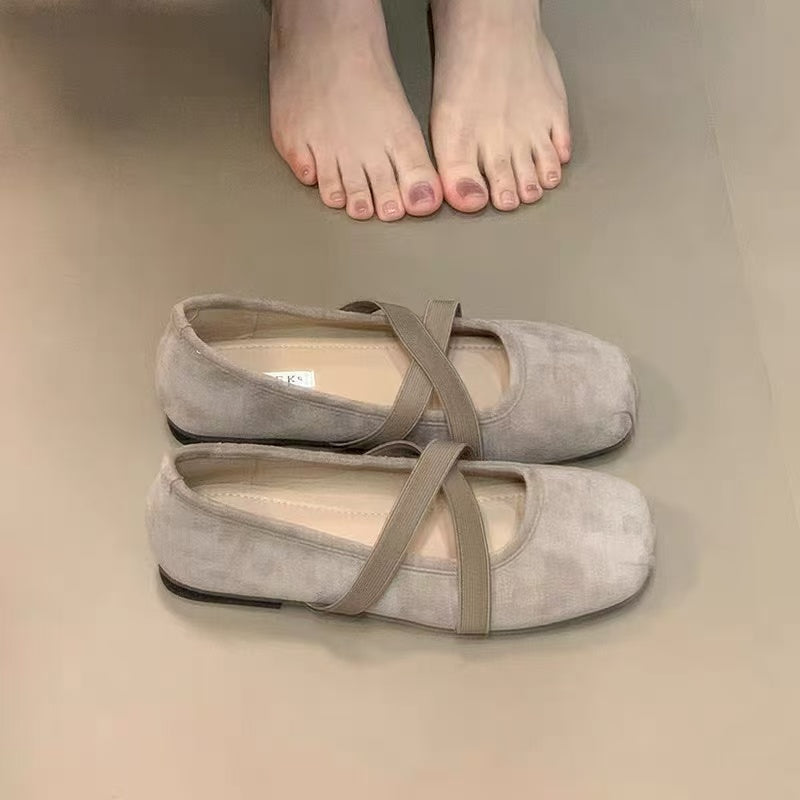 Women Gentle Style Criss Cross Elastic Strap Ballet Flats, Matte Suede Square Wrinkled Toe Soft Sole Daily Commute Mary Jane Slip On Shoes