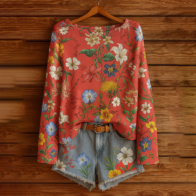 Camiseta de manga larga con estampado floral silvestre de otoño para mujer