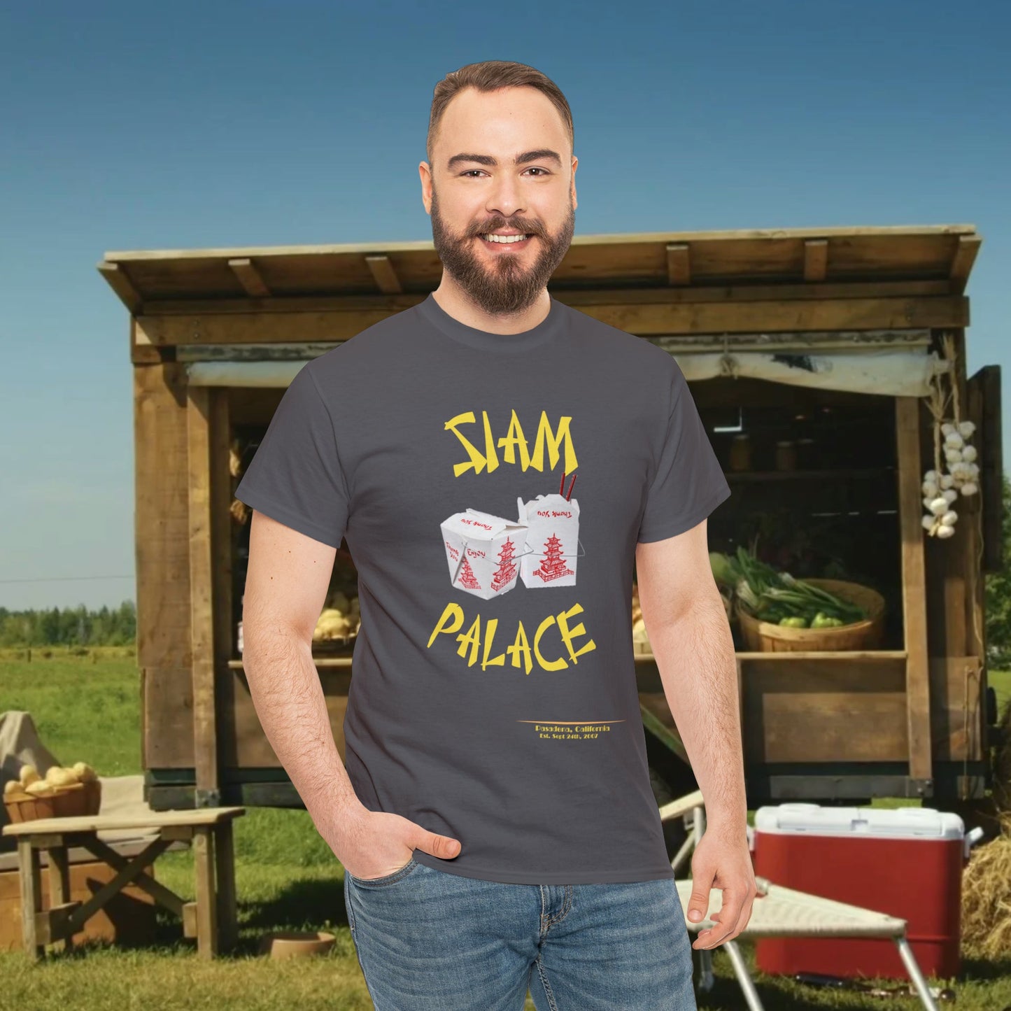 "DirkyThreadz Siam Palace T-Shirt - Bold Takeout Graphic Design in Black Cotton"