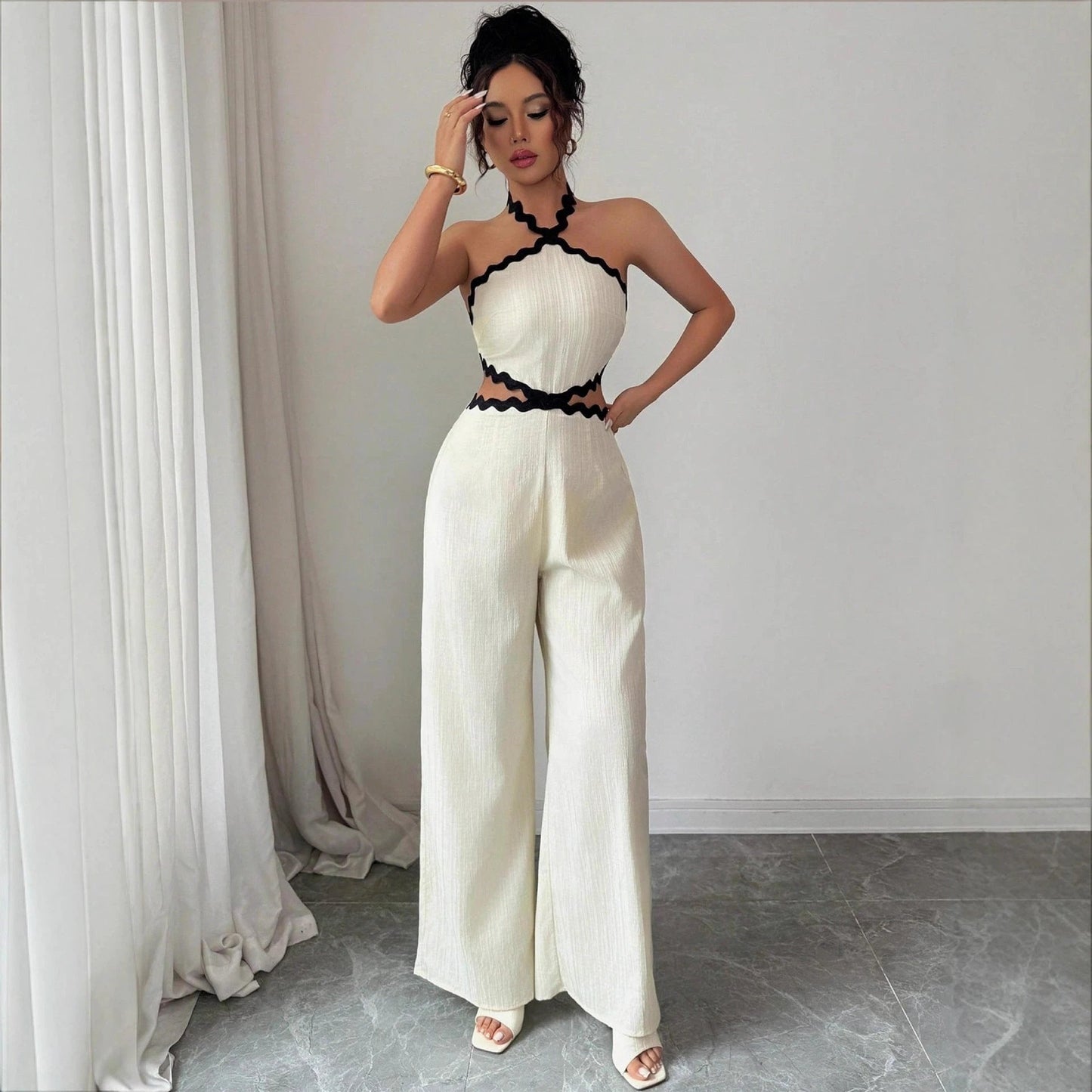 Women's Fashionable Wave Lace Texture Halter Stitching Hollow-out Jumpsuit