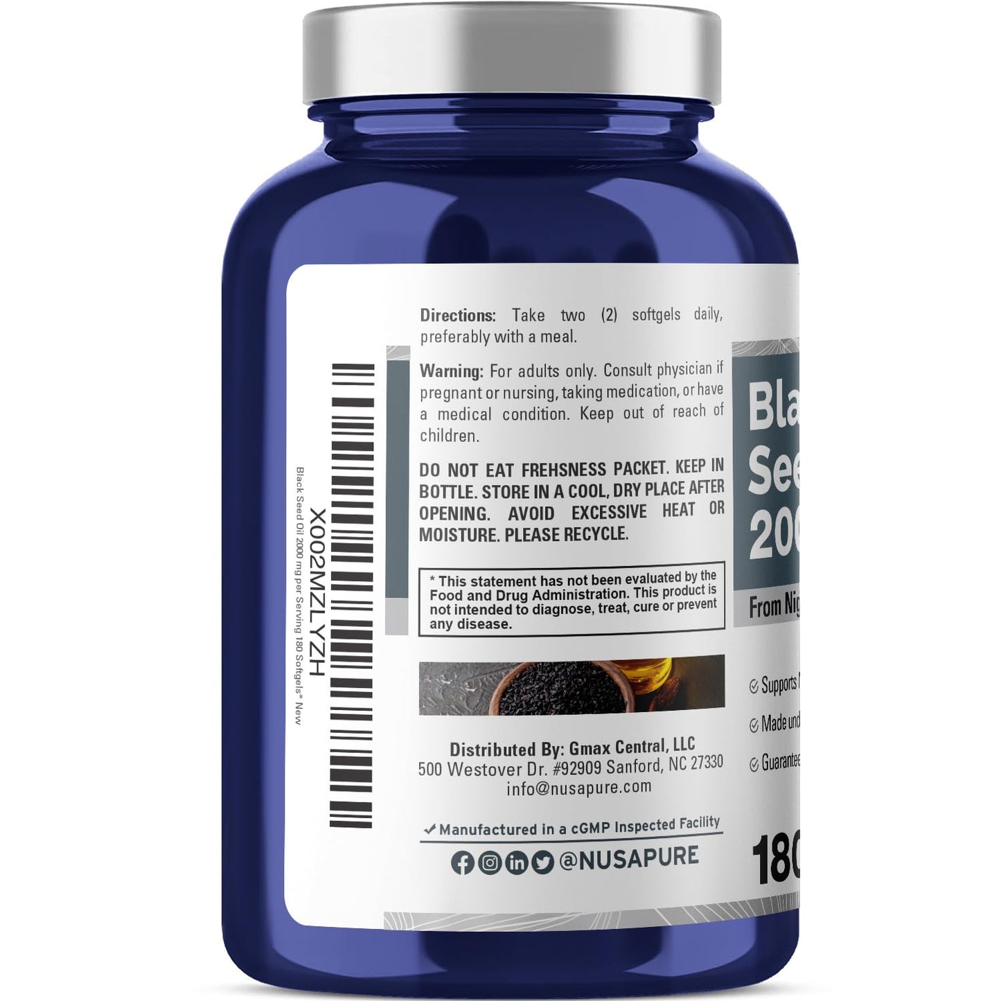 NusaPure Black Seed Oil 2000mg per Serving - 180 Softgel Caps (Non-GMO, Gluten-Free) Cold-Pressed Nigella Sativa