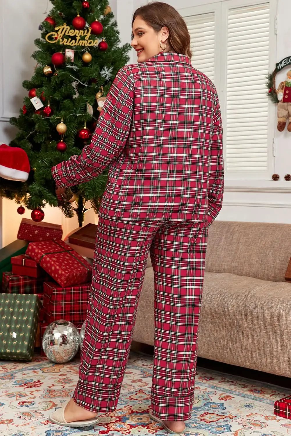 Pants Love Salve Red Plaid Lounge Set Women's Plus Size Pajama Set Comfy & Stylish