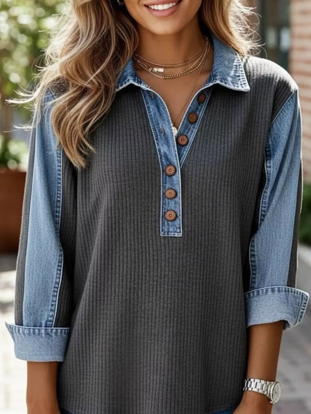 Denim Trim Button Detail Sweatshirt