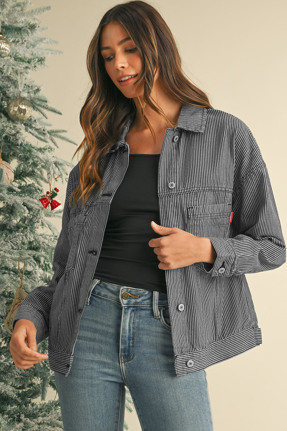Chaqueta vaquera oversize con bolsillo, lavada a la piedra, a rayas azules