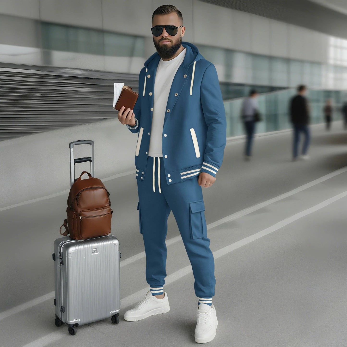 Men's Large Twill Hooded Baseball Jacket Cardigan Long Sleeve Pants Set