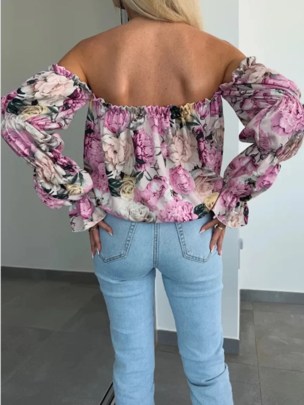 Printed Off-Shoulder Flounce Sleeve Blouse