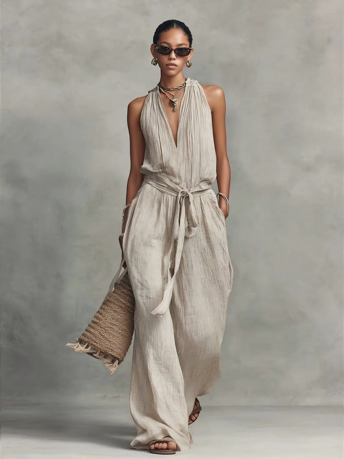Women's Casual Belted Sleeveless Cotton-blend Jumpsuit