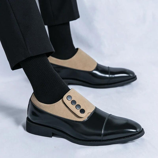 Zapatos de cuero para hombre, sin cordones, bajos, con punta redonda y botones