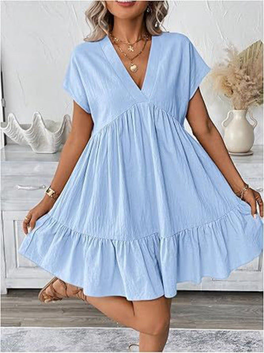 Minivestido fluido informal con cuello en V y bajo con volantes