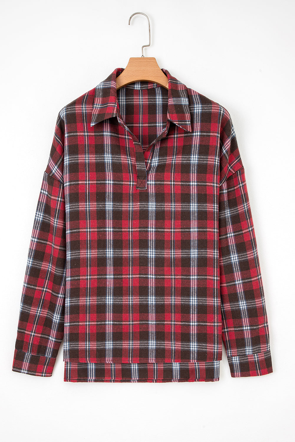 Blusa suelta con cuello en V, estampado de cuadros rojos y aberturas laterales