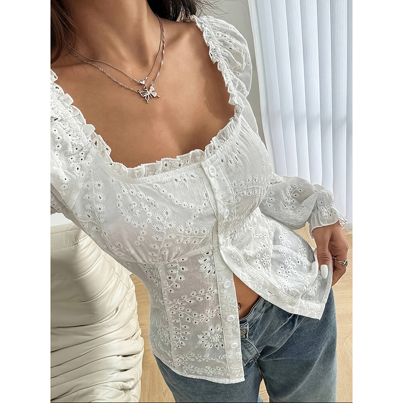 Blusa de mujer de encaje calado con cuello cuadrado – Top de manga abullonada con botones calados