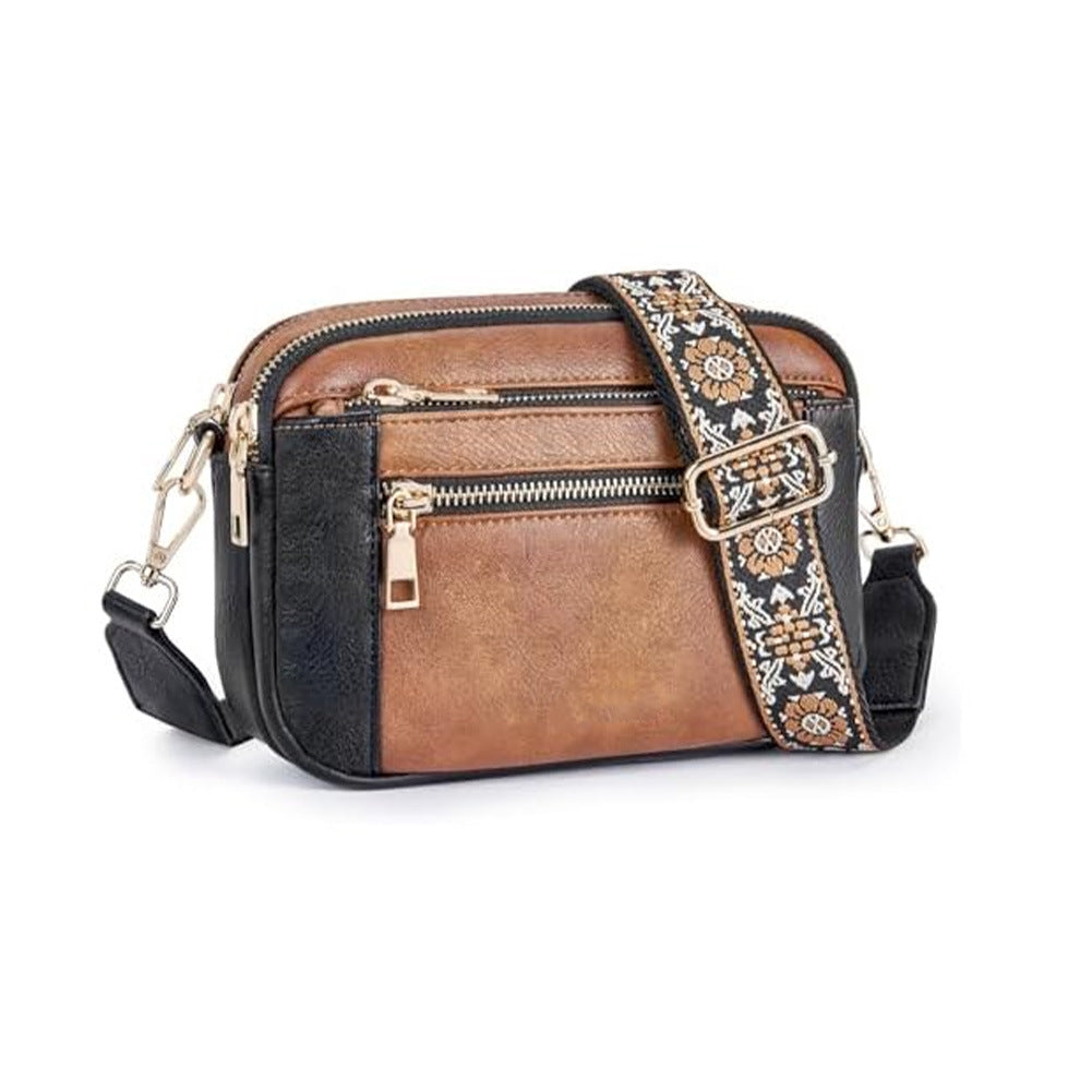 Women's Triple-Zipper Crossbody Bag with Floral Embroidered Strap